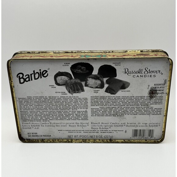 Vintage 1997 Russell Stover Mattel Holiday Barbie Metal Hinged Storage Tin Used - Picture 6 of 6